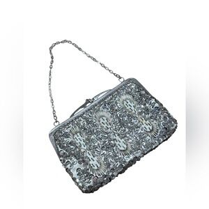 VTG Silver Beaded Sequined Evening Bag Chain Strap Made In Hong Kong READ Bridal